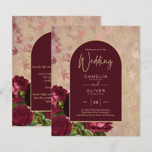 Vintage Botanical Deep Red Roses Wedding Gold Text