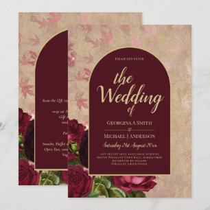 Vintage Botanical Deep Red Roses Wedding Gold Text Invitation
