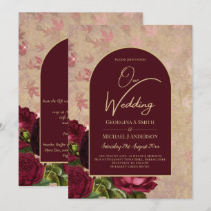 Vintage Botanical Deep Red Roses Wedding Gold Text Invitation