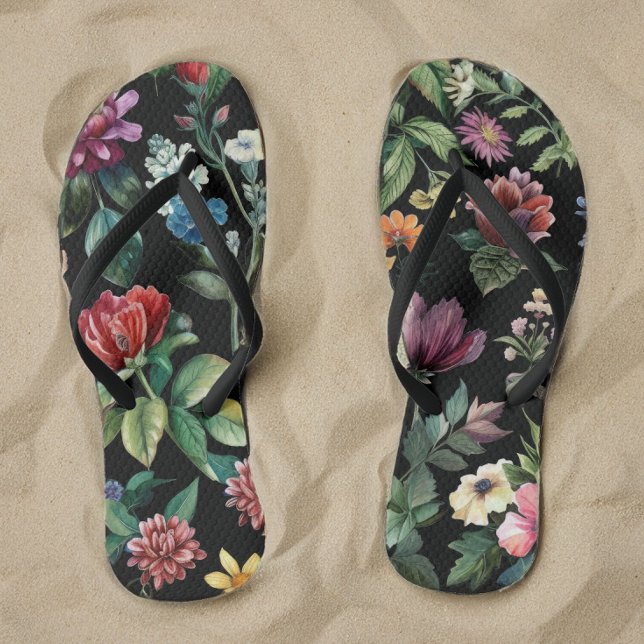 Vintage Botanical Elegance Black Flip Flops (Creator Uploaded)