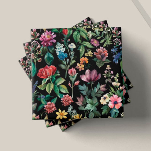 Vintage Botanical Elegance Black Tile (Creator Uploaded)