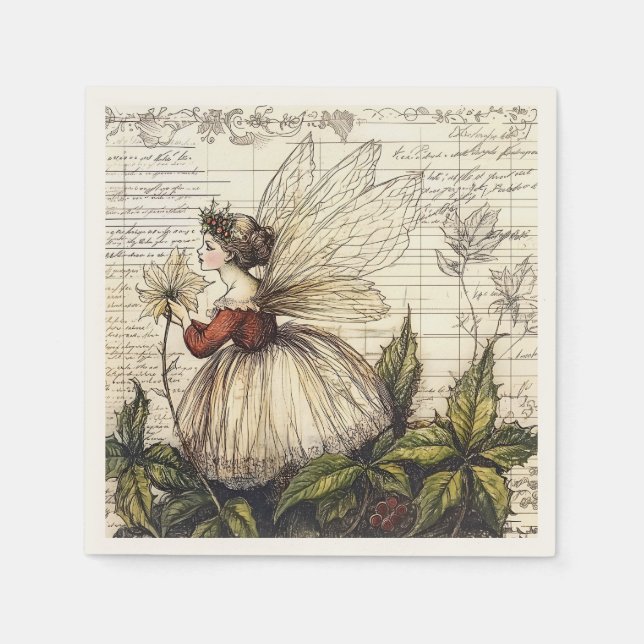 Vintage Botanical Fairy with Antique Script  Napkin (Front)