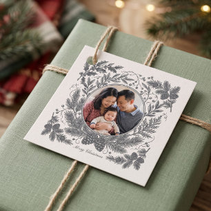 Vintage Botanical Family Photo Christmas - Grey Favour Tags