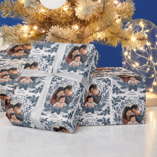 Vintage Botanical Family Photo Christmas - Navy Wrapping Paper