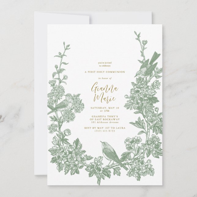 Vintage Botanical First Communion Invitation (Front)