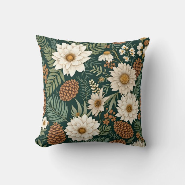 Vintage Botanical Floral and Pinecone Design. Cushion (Front)