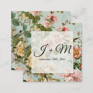 Vintage Botanical Floral Blue Pink Yellow w Birds Square Business Card