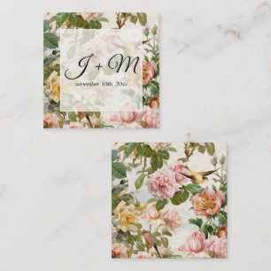 Vintage Botanical Floral Blush Pink Yellow w Birds Square Business Card