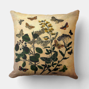 Vintage Botanical Floral Butterflies Rustic Aged Cushion