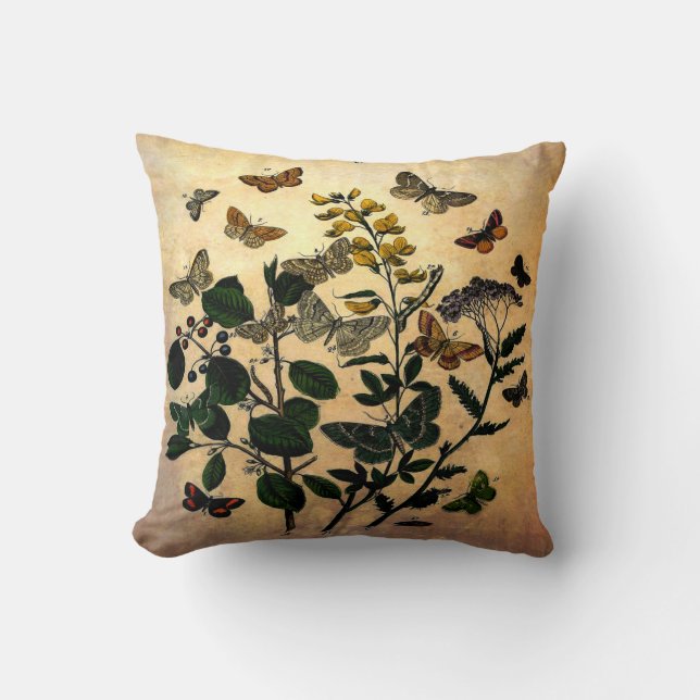Vintage Botanical Floral Butterflies Rustic Aged Cushion (Front)
