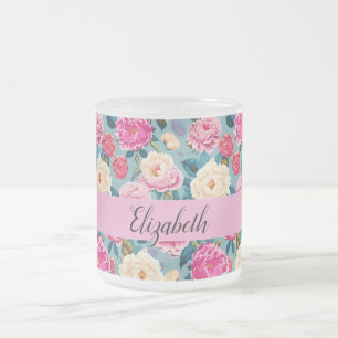 Vintage botanical floral design  frosted glass coffee mug