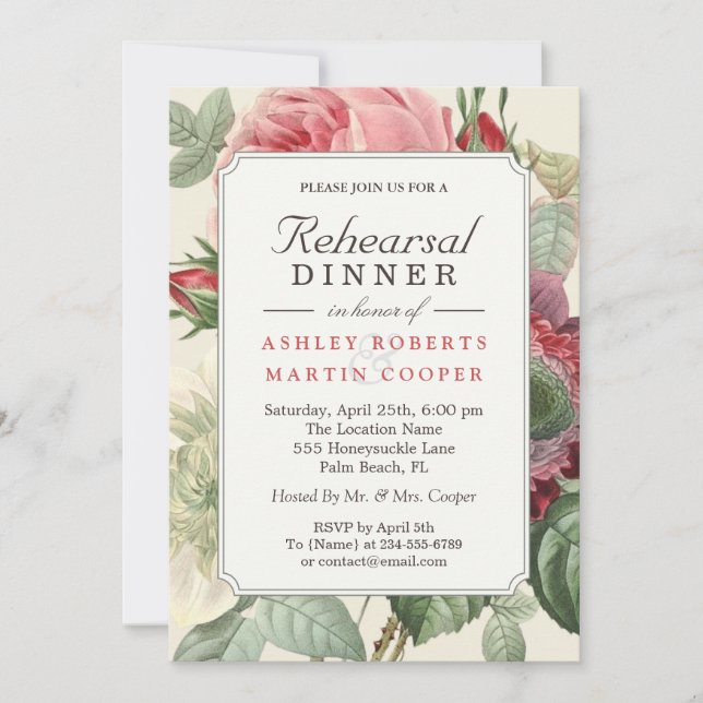 Vintage Botanical Floral Elegant Rehearsal Dinner Invitation (Front)