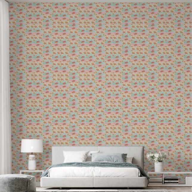 Vintage Botanical Floral Grid Accent Wallpaper (Bedroom)