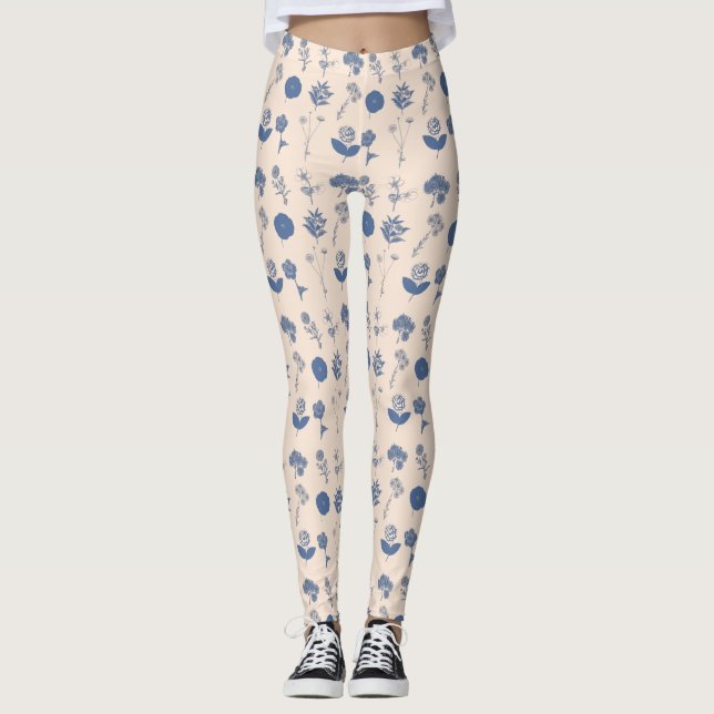 Vintage Botanical Floral Illustration Pattern Blue Leggings (Front)