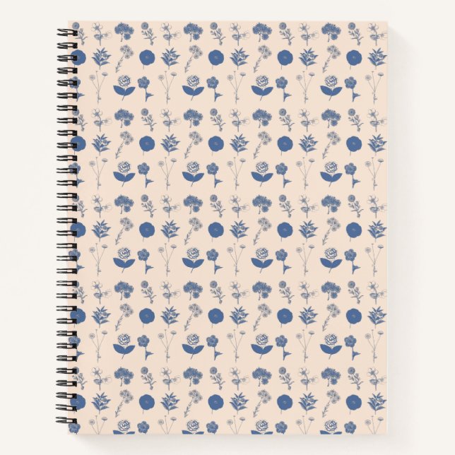 Vintage Botanical Floral Illustration Pattern Blue Notebook (Front)