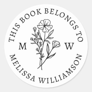Vintage Botanical Floral Initial Library Bookplate Classic Round Sticker