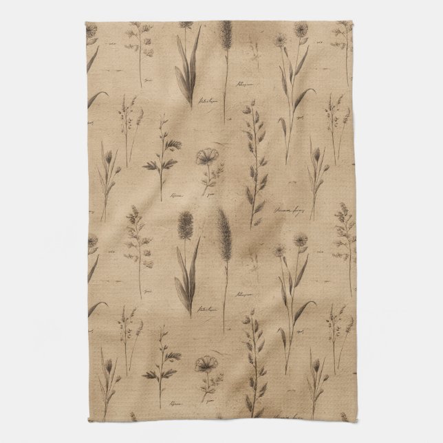 Vintage Botanical Floral Pattern (9) Tea Towel (Vertical)