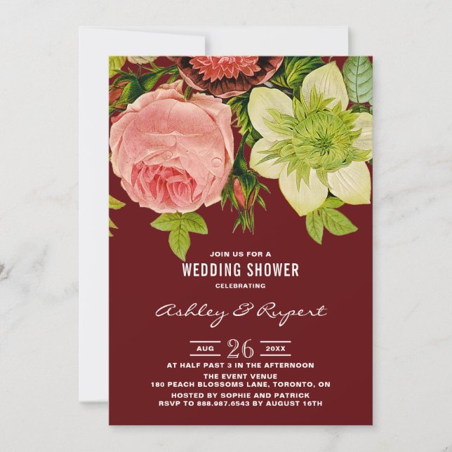 Vintage Botanical Floral Red Wedding Shower Invitation (Front)