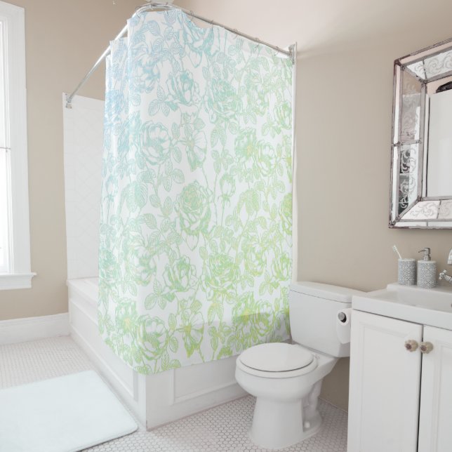 Vintage Botanical Floral Rose Pattern Shower Curtain (In Situ)