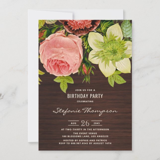 Vintage Botanical Floral Rustic Wood Birthday Invitation (Front)