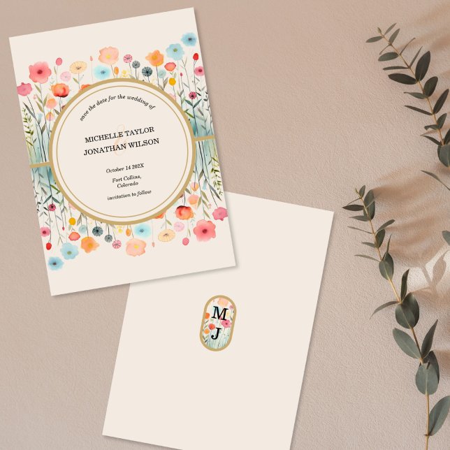 Vintage Botanical Floral Save the Date Invitation (COLOrful watercolor meadow flowers save the date)