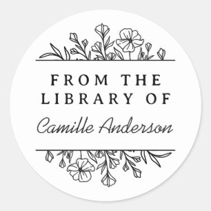 Vintage Botanical Floral Script Library Bookplate Classic Round Sticker