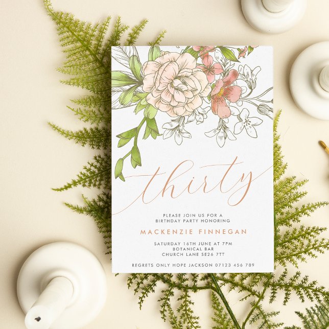 Vintage Botanical Floral Thirtieth Birthday Party Invitation (Creator Uploaded)