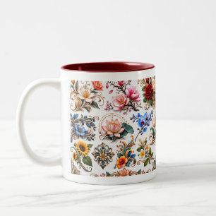 Vintage Botanical Floral Two Tone Coffee Mug ..