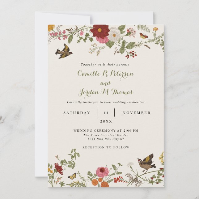 Vintage Botanical Floral Wedding Invitation (Front)