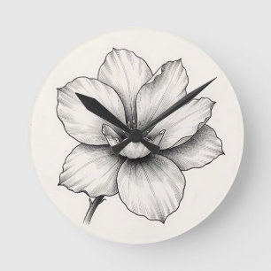 Vintage Botanical Flower Ink Sketch Line Round Clock