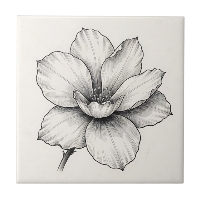 Vintage Botanical Flower Ink Sketch Line Tile (Front)