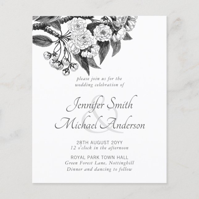 Vintage Botanical Flower Linart Wedding Invitation (Front)