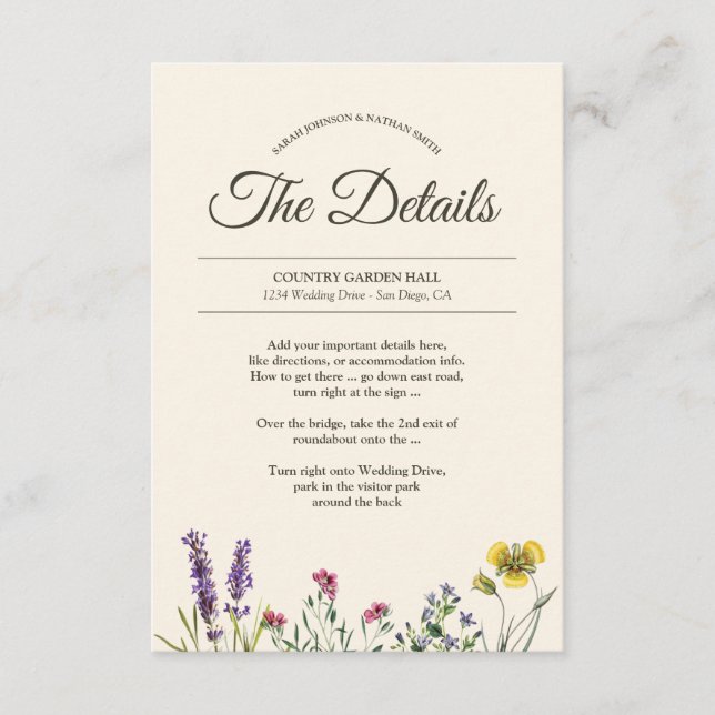 Vintage Botanical Flower Wedding Details Info Enclosure Card (Front)