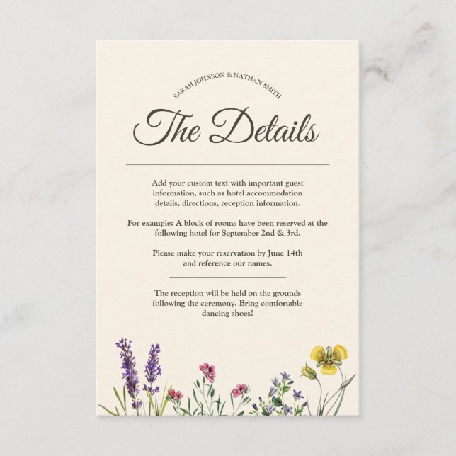 Vintage Botanical Flower Wedding Details Info Enclosure Card (Front)