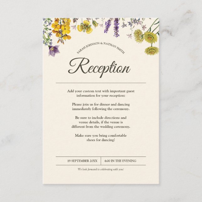 Vintage Botanical Flower Wedding Reception Info Enclosure Card (Front)