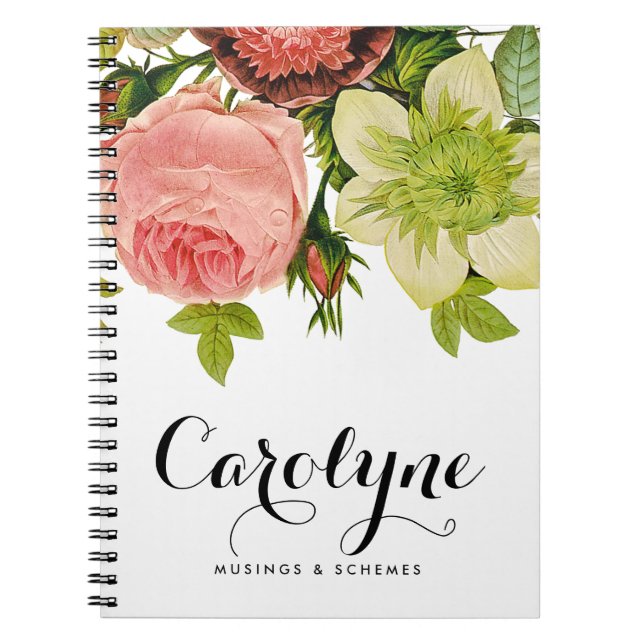 Vintage Botanical Flowers Calligraphy Personalised Notebook (Front)