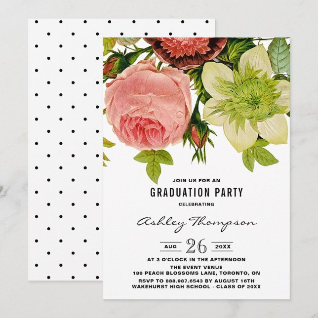 Vintage Botanical Flowers Graduation Party Invitation (Front/Back)