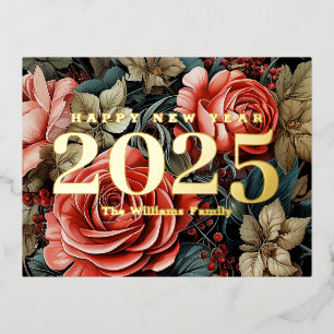 Vintage Botanical Flowers Happy New Year 2025 Gold Foil Holiday Postcard