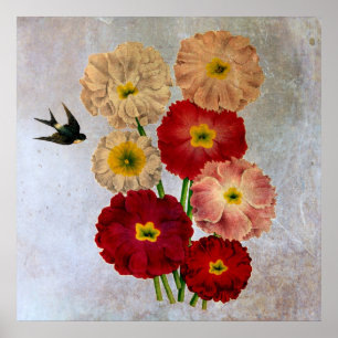 Vintage Botanical Flowers Swallow Bird Rustic Blue Poster