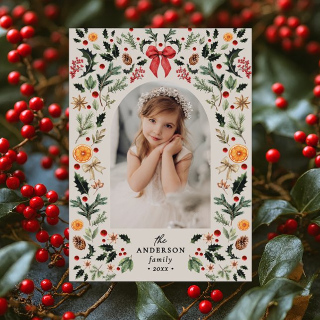 Vintage Botanical Frame Arch Photo Christmas Holiday Card (Creator Uploaded)