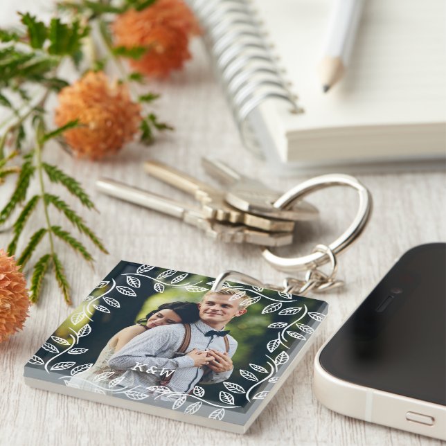 Vintage Botanical Frame Monogrammed Photo Key Ring (Front Right)