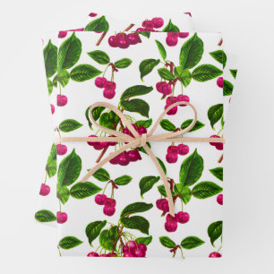 Vintage Botanical Fuchsia Pink Cherries Print Wrapping Paper Sheet