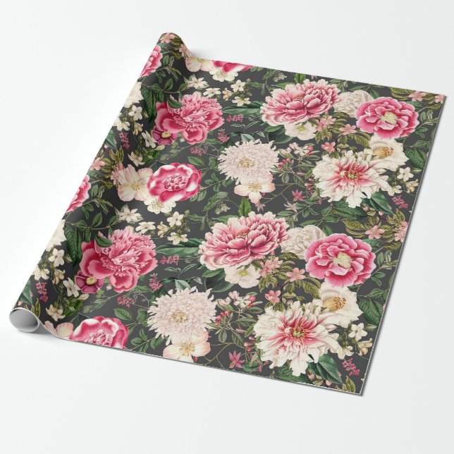 Vintage Botanical Garden Flowers Pattern Wrapping Paper (Unrolled)