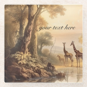 Vintage botanical giraffes, customisable  glass coaster