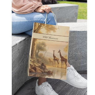 Vintage botanical giraffes, customisable medium gift bag