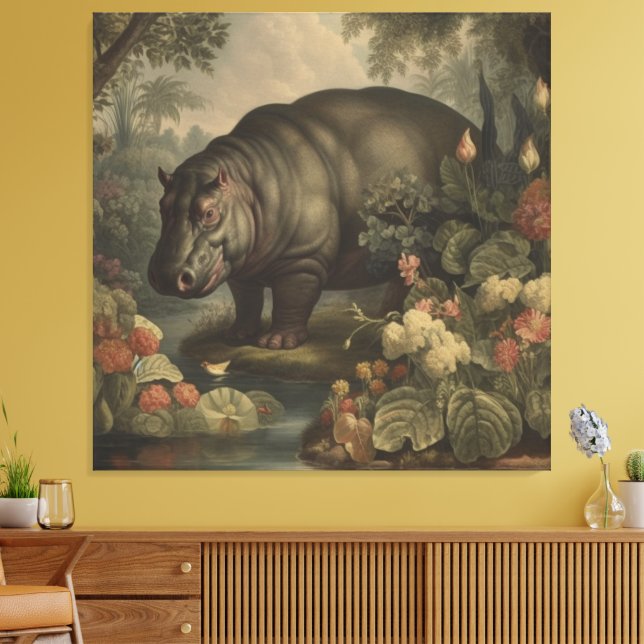 Vintage Botanical Hippo  Canvas Print (Insitu(LivingRoom))