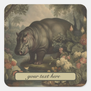 Vintage botanical hippo, customisable square sticker