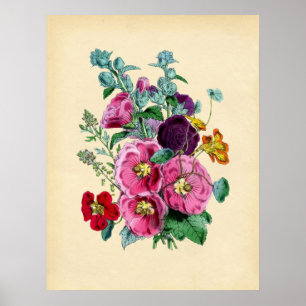 Vintage Botanical Hollyhocks Poster