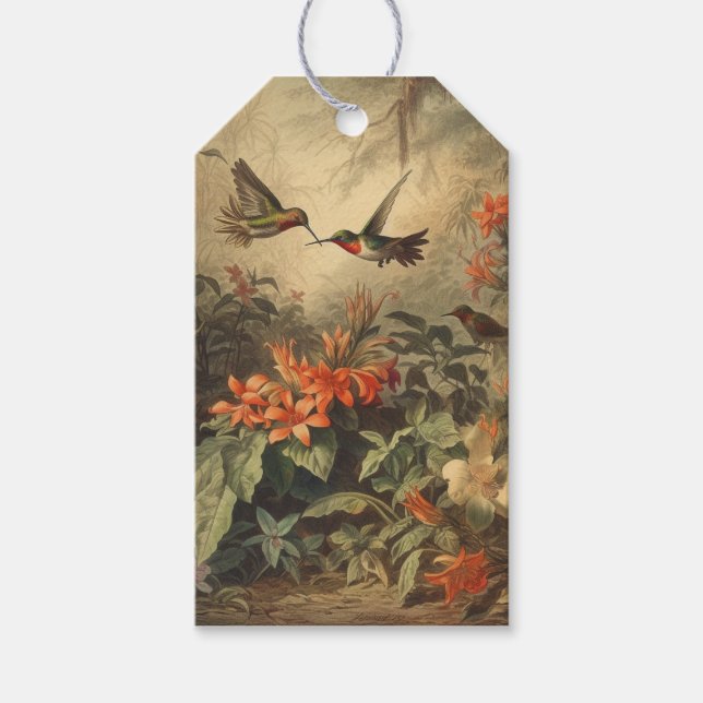 Vintage botanical hummingbirds customisable  gift tags (Front)