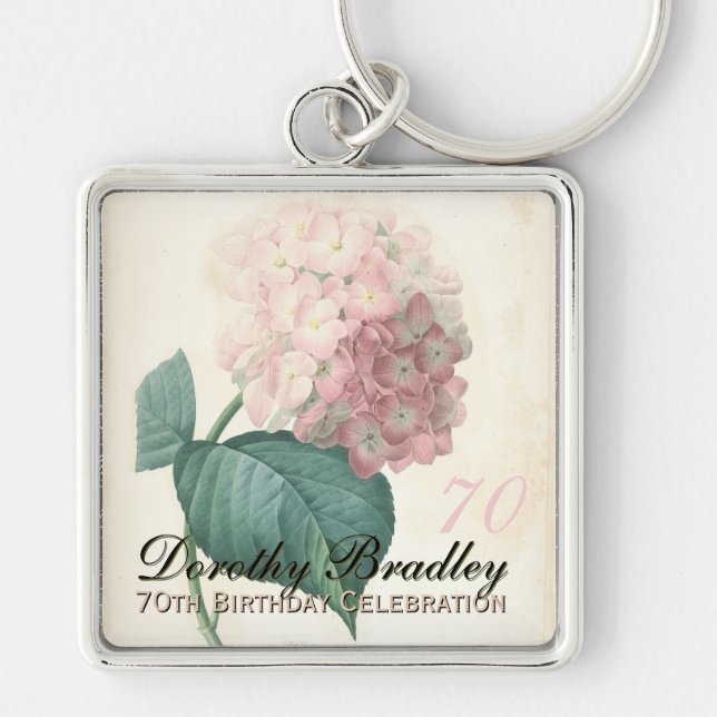 Vintage Botanical Hydrangea 70th Birthday SqK Key Ring (Front)